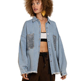 Sequins Denim Jacket for Women Oversized Distressed Jean Outwear-Blue