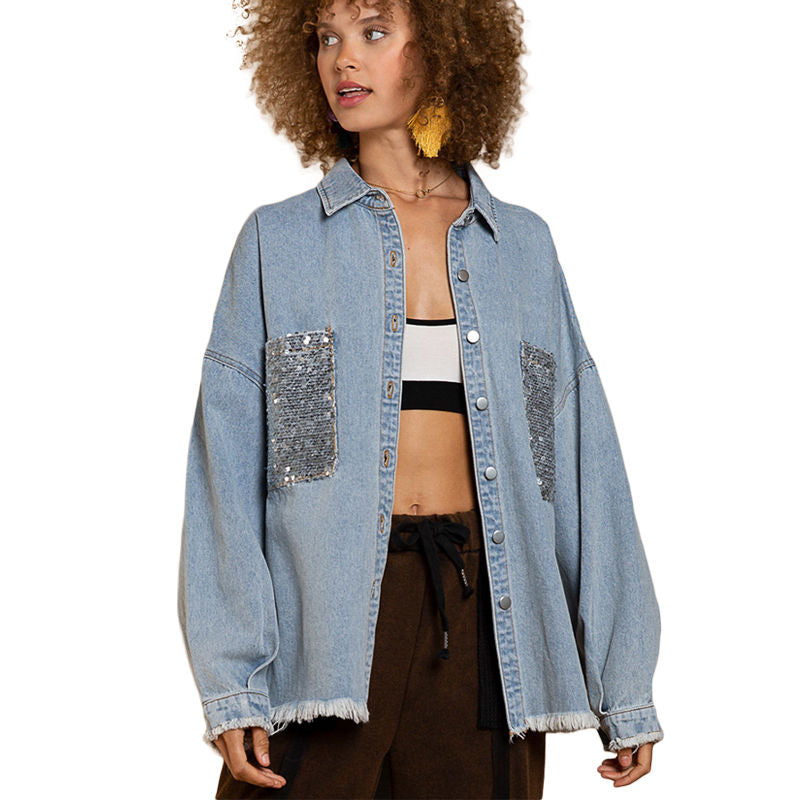 Sequins Denim Jacket for Women Oversized Distressed Jean Outwear-Blue