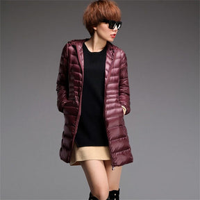 Womens Lightweight Puffer Jacket Hooded Winter Mid Length Coat-ZaoRed