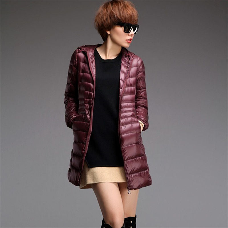 Womens Lightweight Puffer Jacket Hooded Winter Mid Length Coat-ZaoRed
