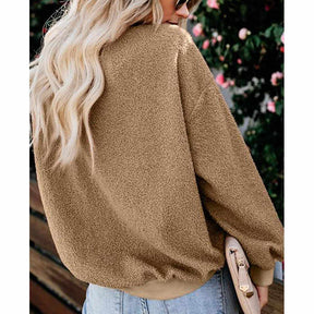 Womens Plush Sweater Casual Round Neck Sweatshirt Pullover-Khaki