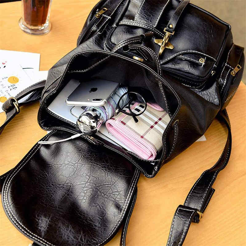 Teenager Leather Backpack Wallet Travel Drawstring Backpack-Black