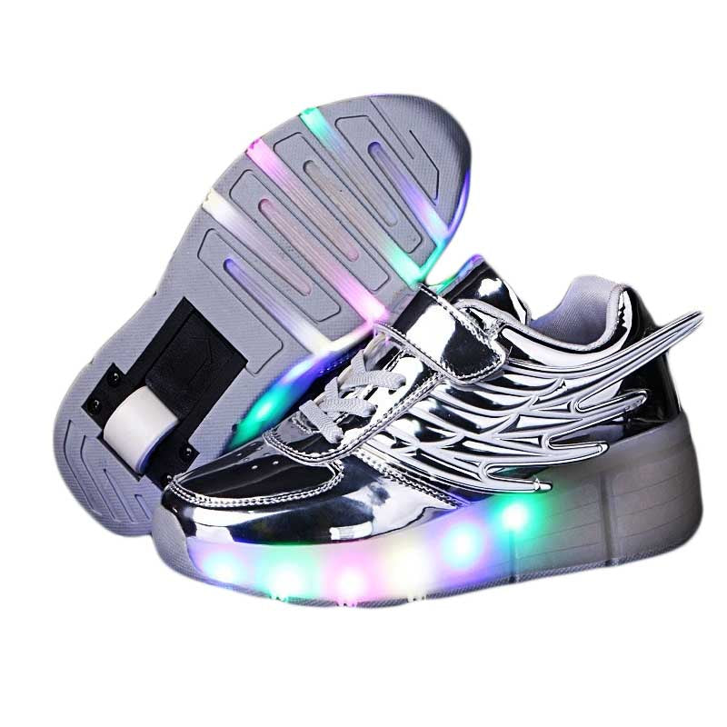 Kids LED Roller Skate Shoes Boys Girls Sneakers with Single Wheel-K02-Silver