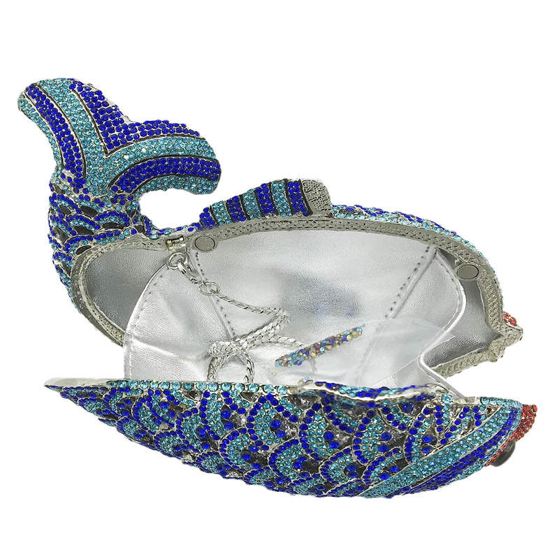 Mini Women Fish Evening Bags Crystal Clutch Purse Rhinestone Handbags with Chain-6
