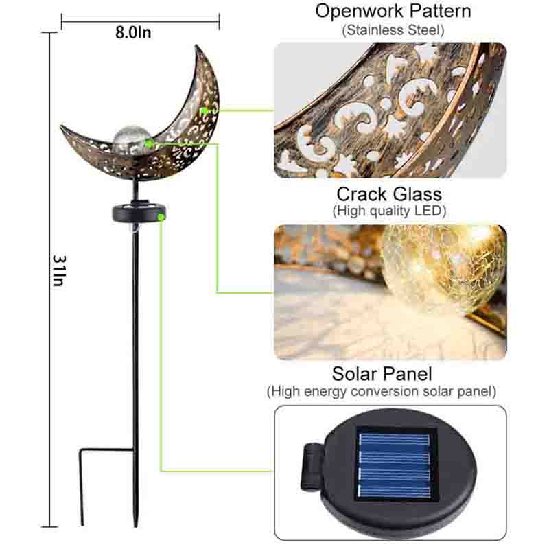 2 Pack Garden Metal Moon Weatherproof  Solar LED Decorative Lamp with Warm White Spherical Lamp Post Suitable for Lawn Courtyard Courtyard