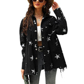 Star Print Jacket for Women Frayed Hem Distressed Denim Coat-Black