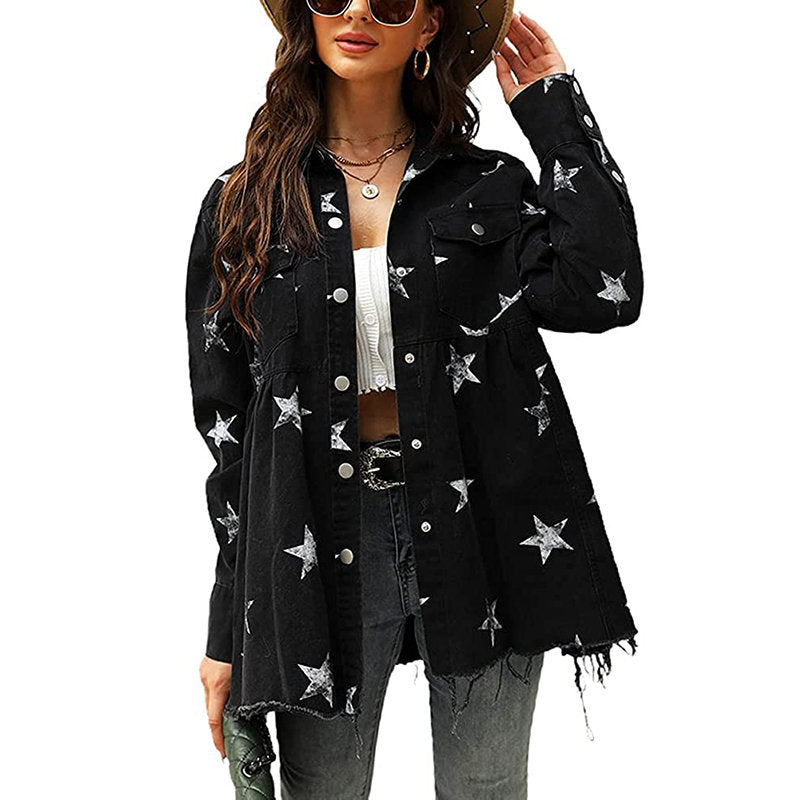 Star Print Jacket for Women Frayed Hem Distressed Denim Coat-Black