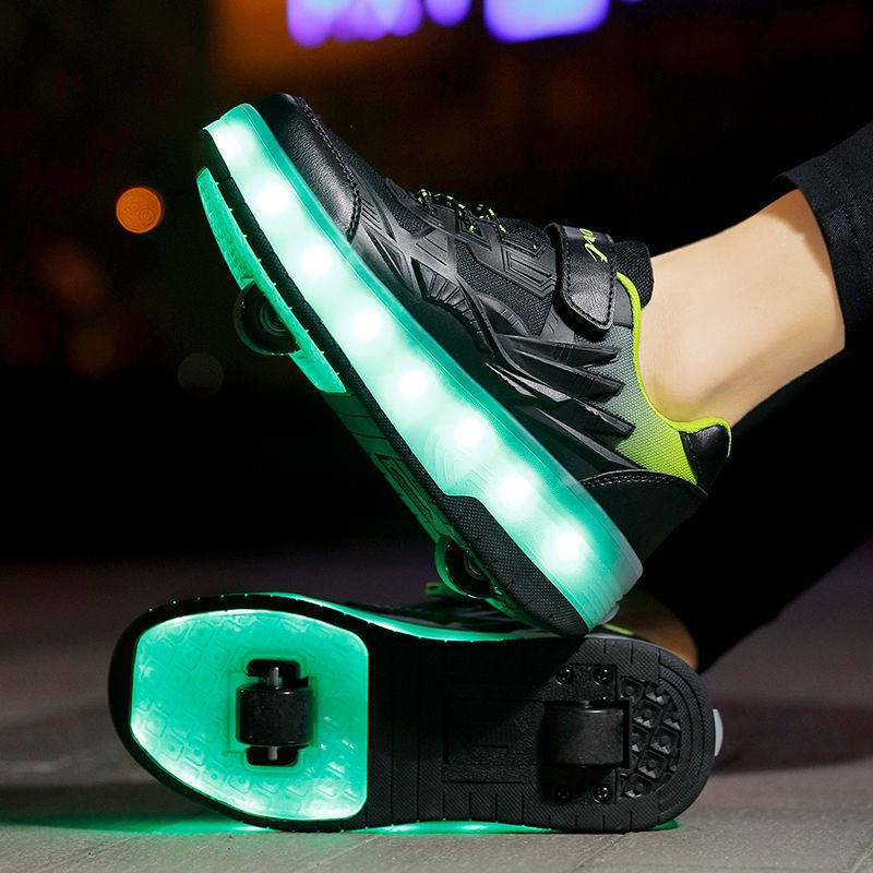 Kids Fashion LED Roller Shoes with Double Wheels for Boys Girls-Black