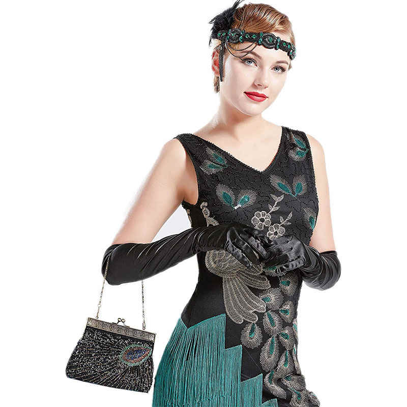 Peacock Clutch Sequined Beaded Evening Handbag-Black