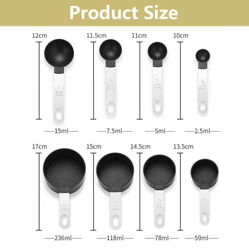 8Pcs Stainless Steel Handle Measuring Cups and Spoons Set-Gray