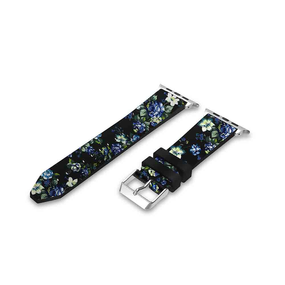 Flower Printing Silicone Watch Band For Apple Watch SE/6/5/4/3/2/1(Black Green)