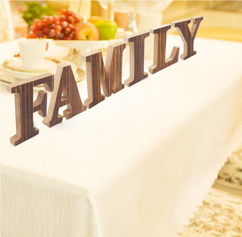 Rustic Brown Vintage Wood Tabletop Family Block Cutout Letters Sign