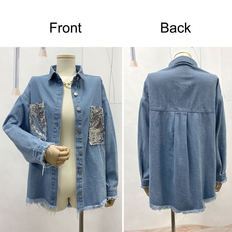 Sequins Denim Jacket for Women Oversized Distressed Jean Outwear-Blue