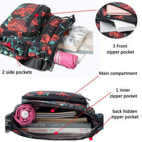 Women Nylon Floral Crossbody Bag Multi Pocket Shoulder Bag-Rose Flower