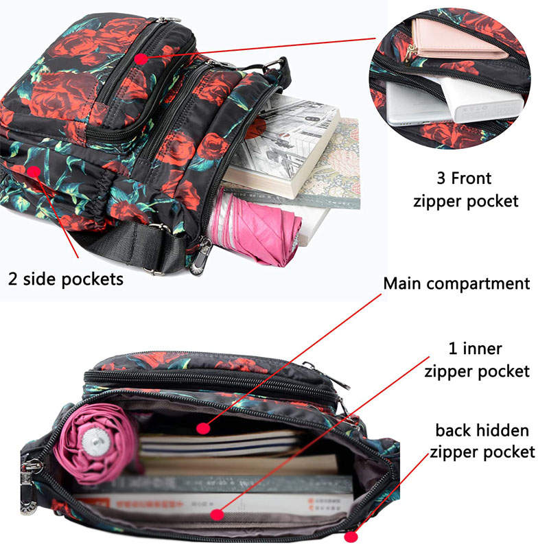 Women Nylon Floral Crossbody Bag Multi Pocket Shoulder Bag-Rose Flower
