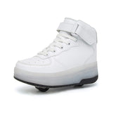 Kids Light Up Roller Skate Shoes High Top Sneakers Double Wheels-White