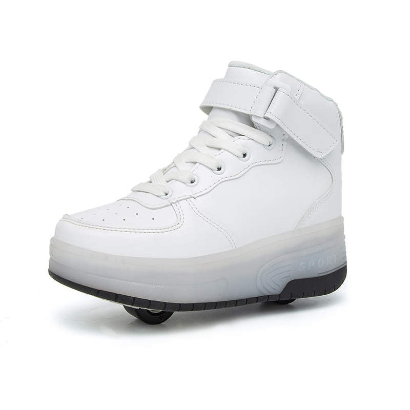 Kids Light Up Roller Skate Shoes High Top Sneakers Double Wheels-White