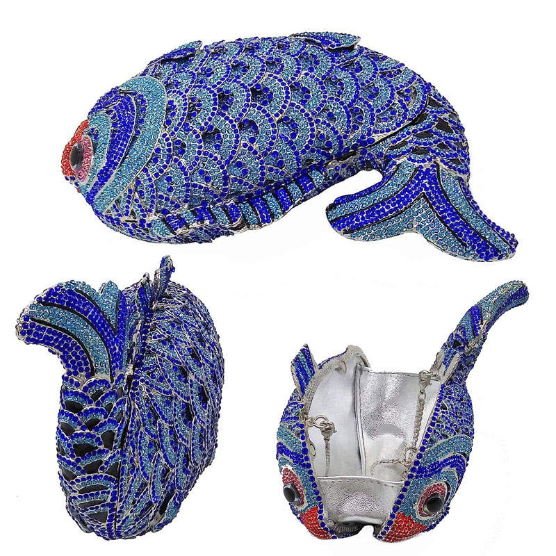 Mini Women Fish Evening Bags Crystal Clutch Purse Rhinestone Handbags with Chain-2