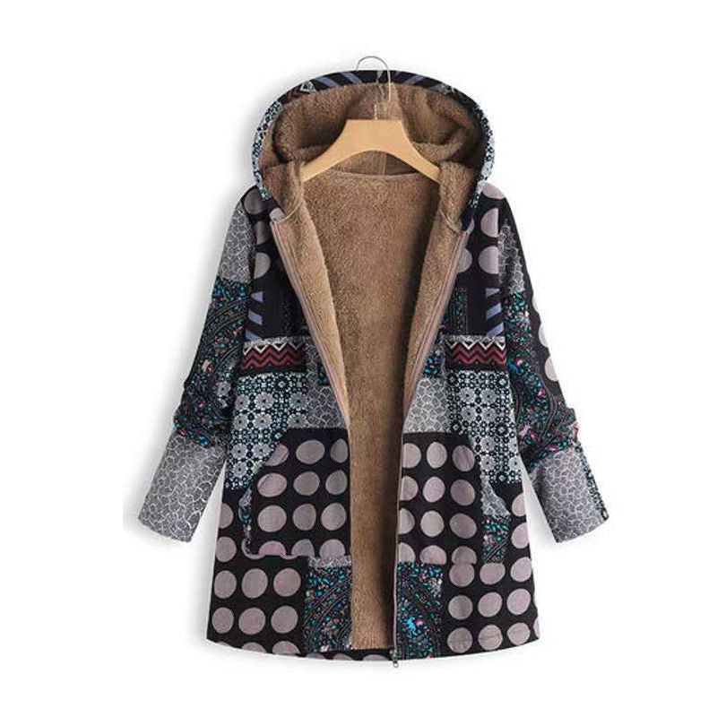 Womens Winter Printed Fleece Jacket Casual Sherpa Lined Fuzzy Jacket-BlackSquare