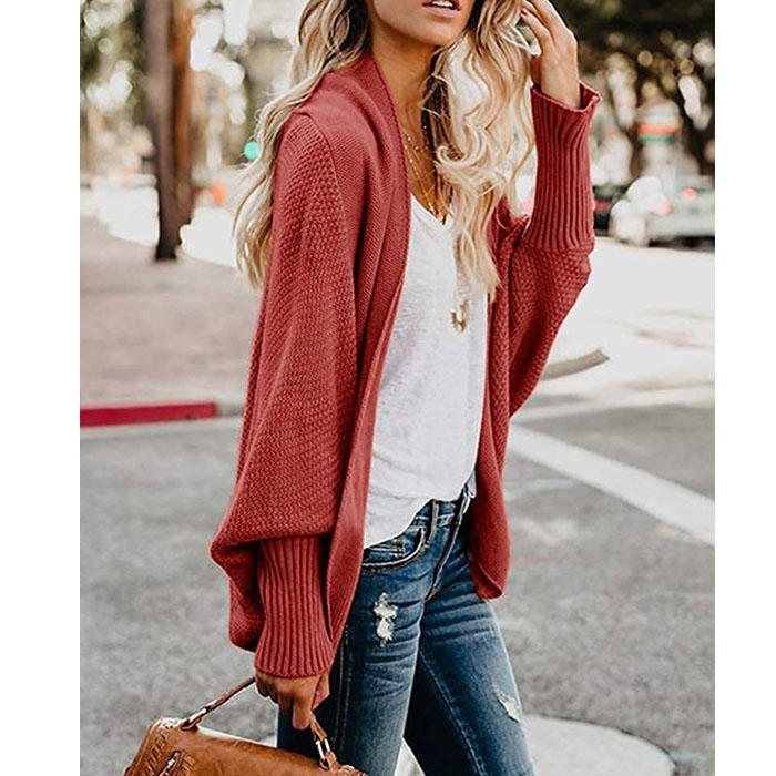Women's Batwing Knitted Oversized Slouchy Solid Cardigan Sweater Knit Outwear-Rust Red