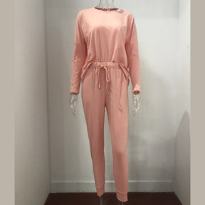 Women Loose Solid Color Long Sleeve Top Casual Drawstring Pants with Pockets-Pink