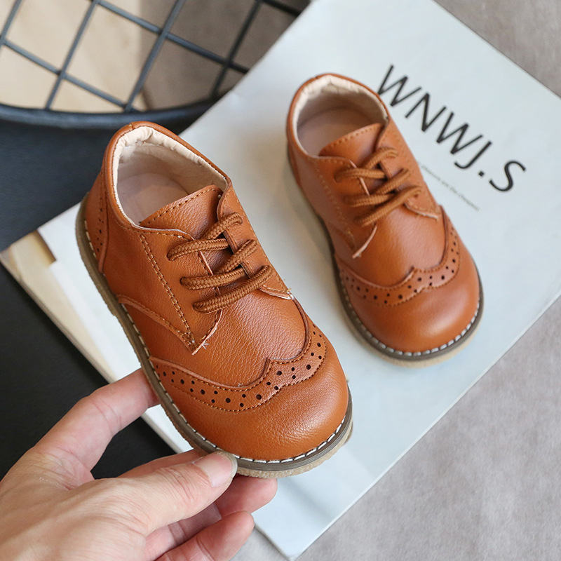 Toddler British Style Comfortable Loafers Flats Classic Lace-up Shoes for Boys Girls-Brown