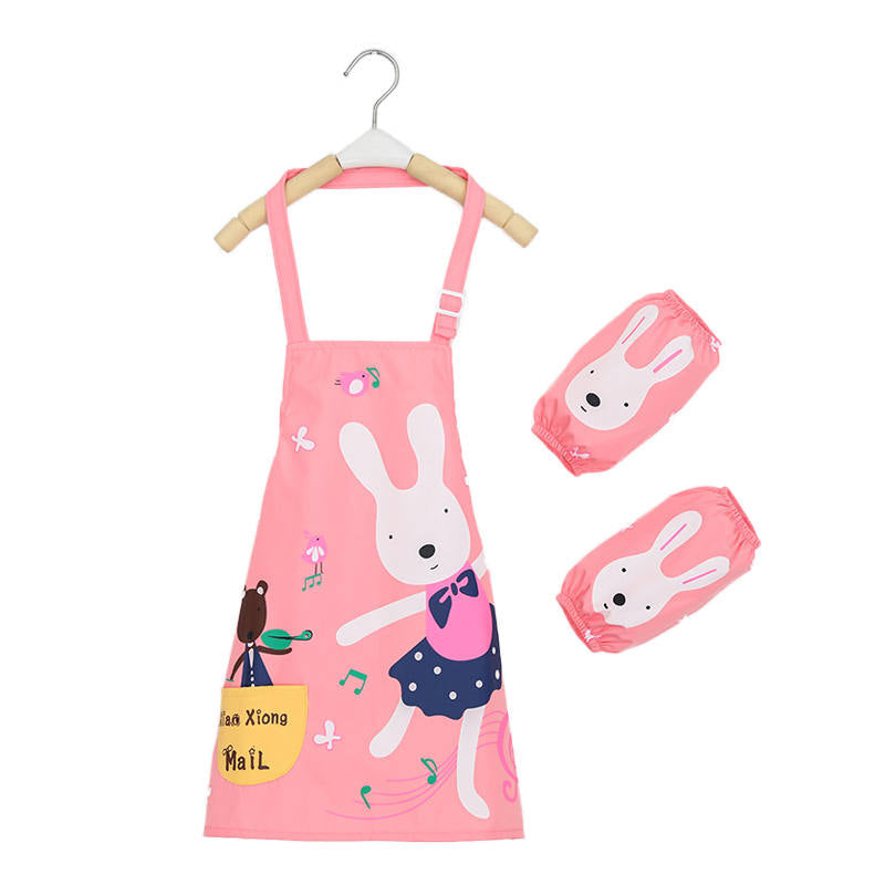 Kids Waterproof Apron Cooking Bib with Sleeve Covers for Painting-Pink Ballet Bunny