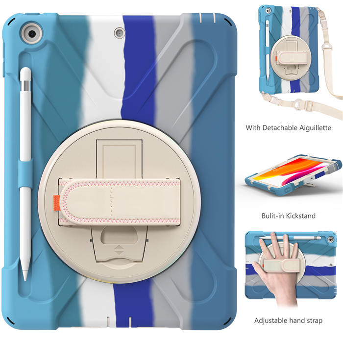 iPad Case With Pencil Stand+Rotating Stand+Shoulder Strap For iPad10.2 Inch 2020/2019-Blue