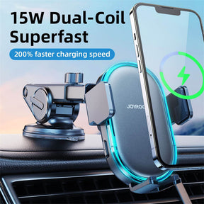 Wireless Car Charger Mount 15W Dual Coil Auto Clamping for iPhone Samsung