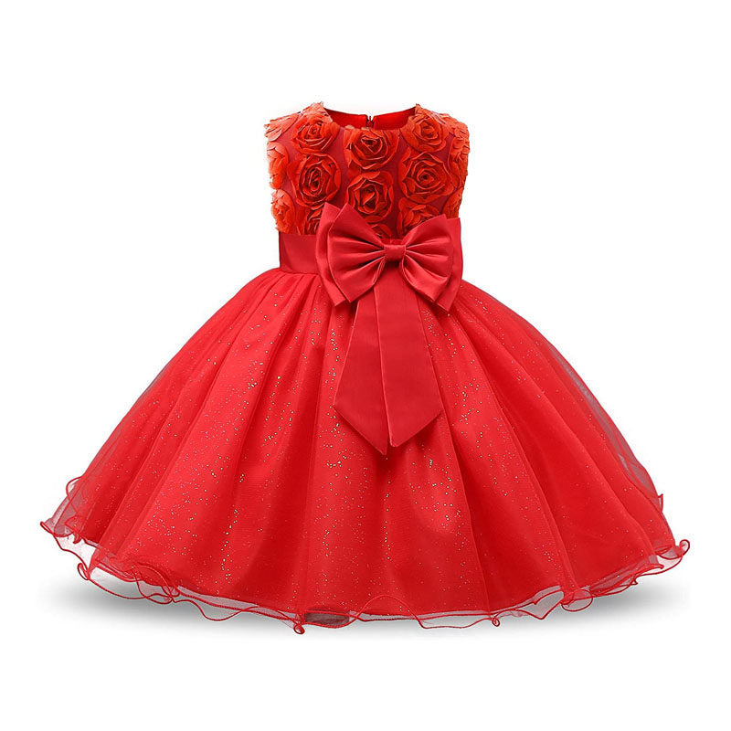 Girl Sleeveless Lace 3D Flower Tutu Holiday Princess Wedding Dresses-Red