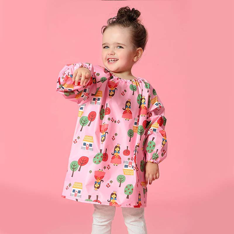 Kids Waterproof Smock Long Sleeve Cartoon Pattern Art Apron-Pink