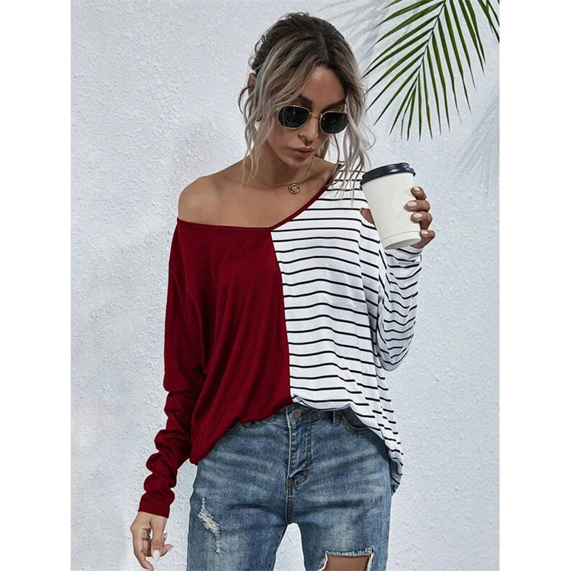 Womens Striped V-Neck Long Sleeve Tops-Red