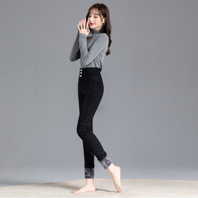 Womens Fleece Jeans Stretch Slim Fit High Waist Denim Pants-Black