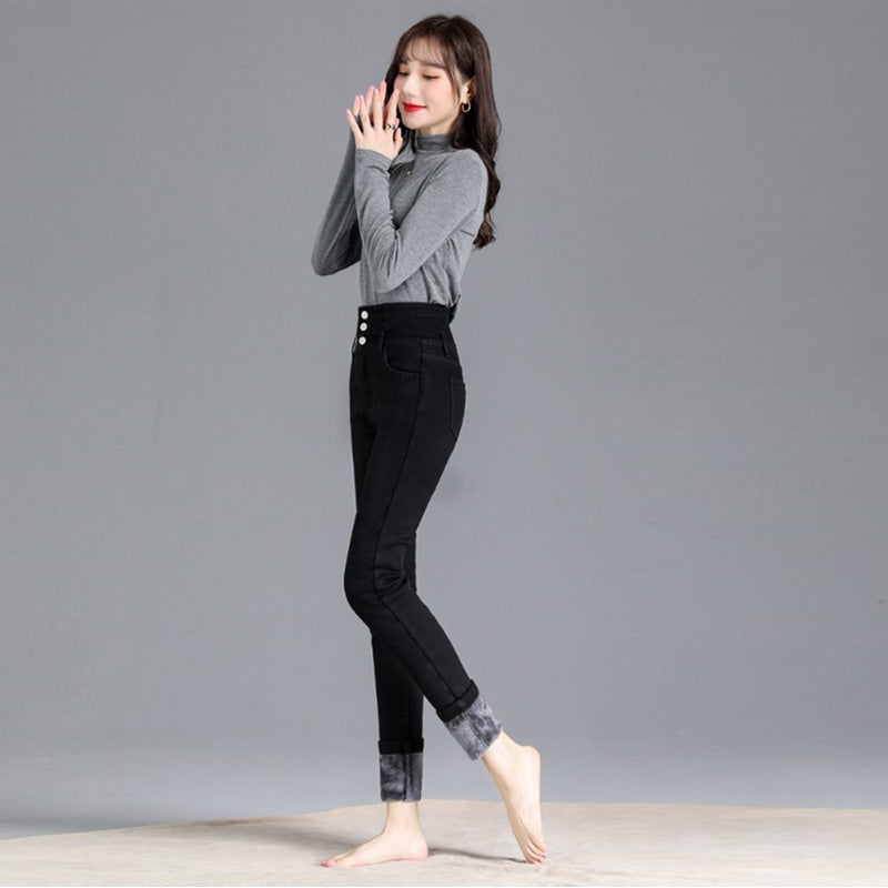 Womens Fleece Jeans Stretch Slim Fit High Waist Denim Pants-Black