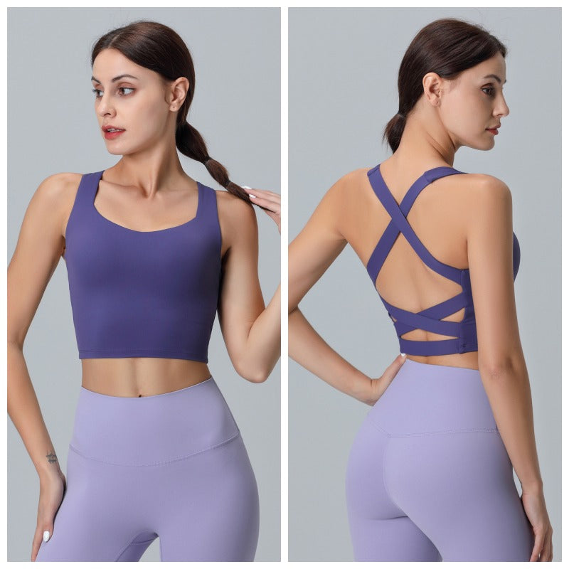 V Neck Longline Sports Bras Padded Wirefree Stretchy Yoga Camisole-BluePurple