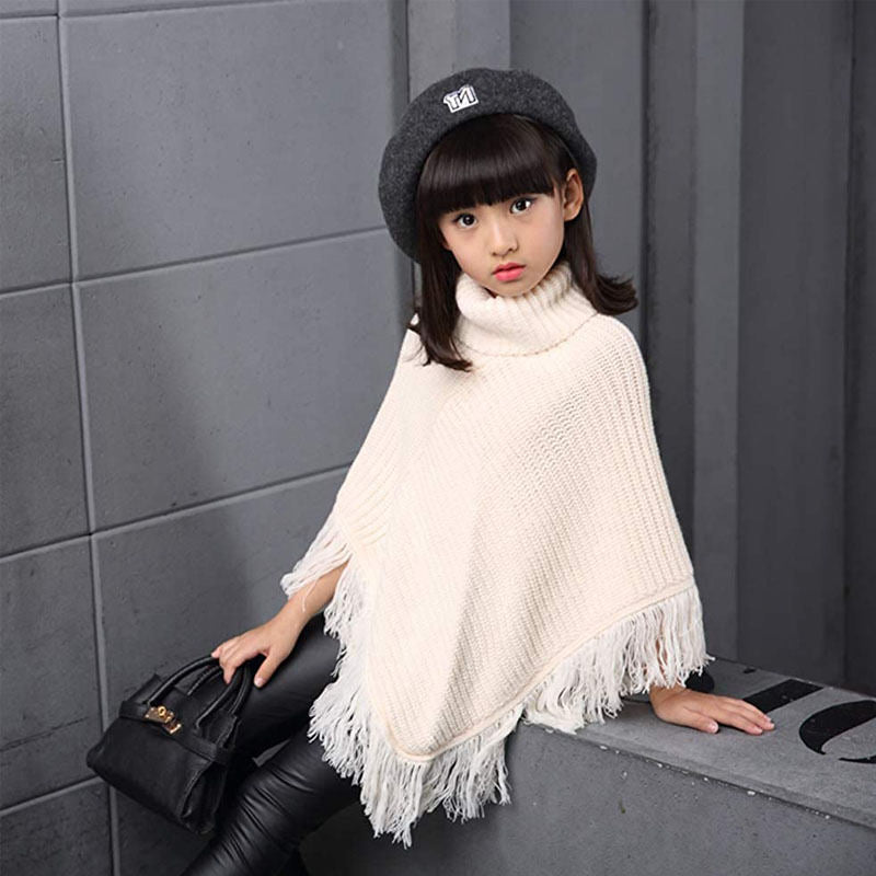 Girls Fall Loose Knitted Pullover Sweaters Poncho Tassel Turtleneck Cloak Cape-White