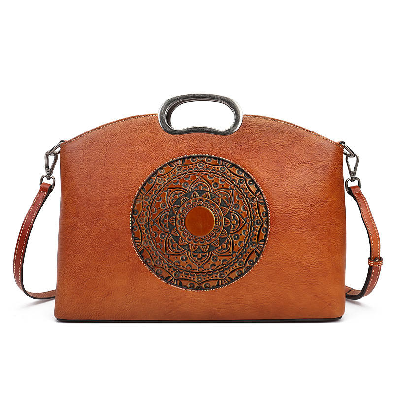 Leather Handbags for Women Vintage Embossing Totem Shoulder Bag-Brown