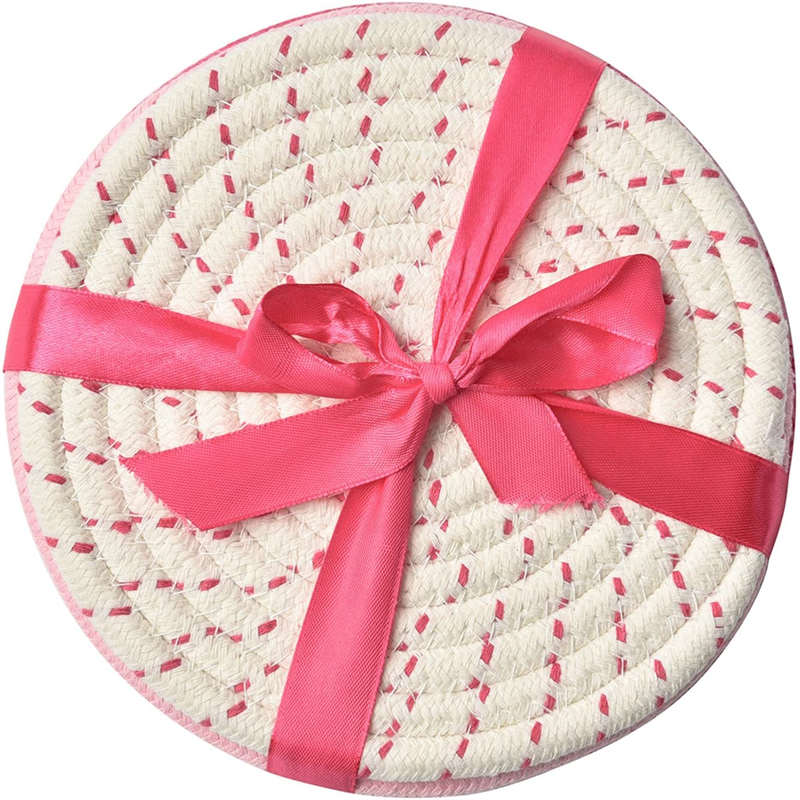 3 Pcs Potholders Colorful Cotton Thread Weave Stylish Coasters Heat Insulation Table Mat by Diameter 18CM-Pink