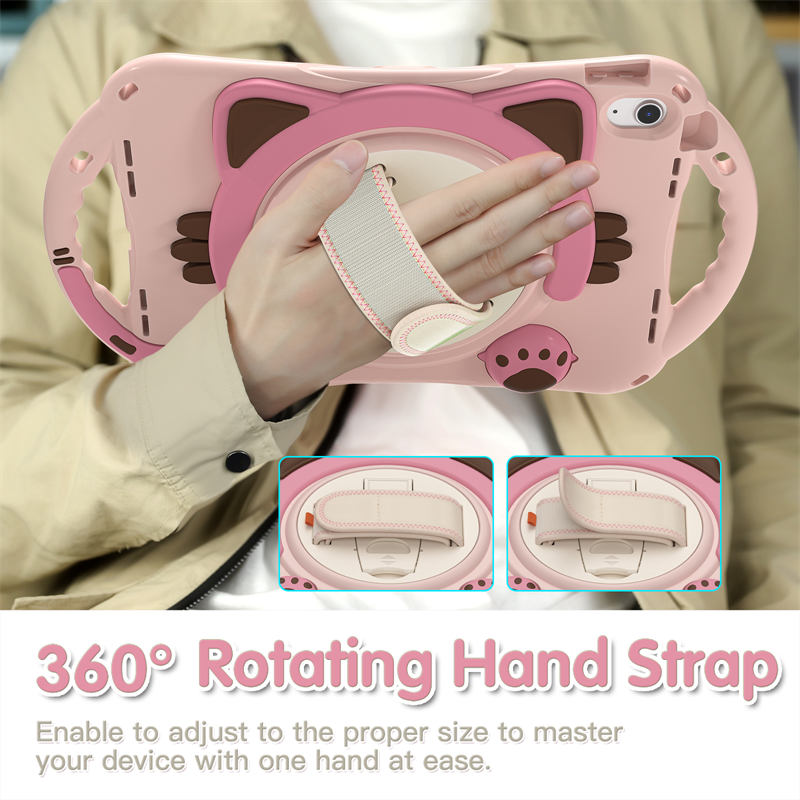 Cat Tablet Case For iPad 10th Rugged with Shoulder Strap-Pink