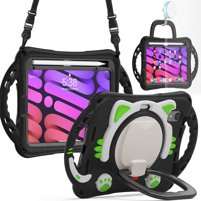 CatB Silicone Case For iPad Mini 6 Shockproof Shoulder Strap Handle Stand-Black Green