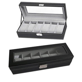 6 Slot Leather Watch Box Display Case Organizer Glass Jewelry Storage Black