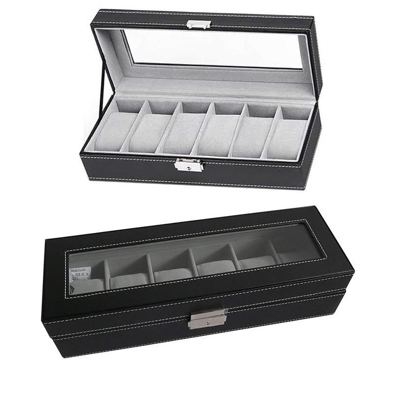 6 Slot Leather Watch Box Display Case Organizer Glass Jewelry Storage Black