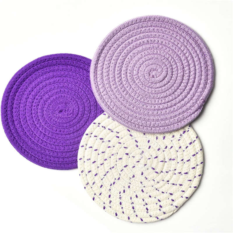 3 Pcs Potholders Colorful Cotton Thread Weave Stylish Coasters Heat Insulation Table Mat by Diameter 18CM-Purple