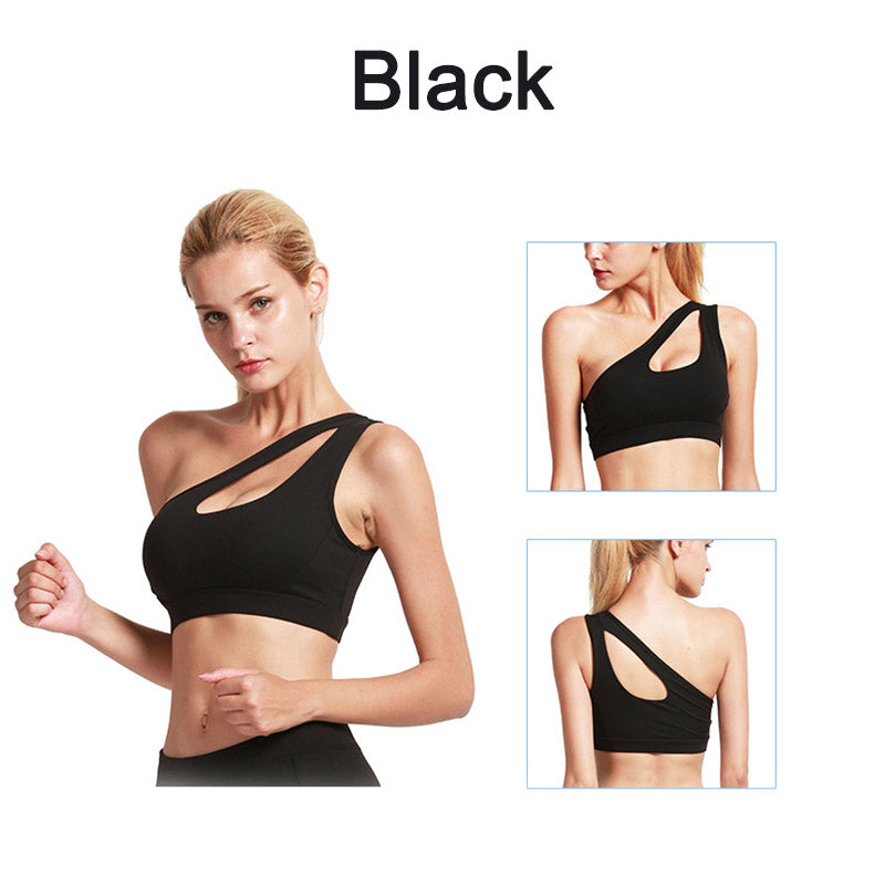 One Shoulder Sports Bra Removable Padded Sexy Cute Workout Top-Black