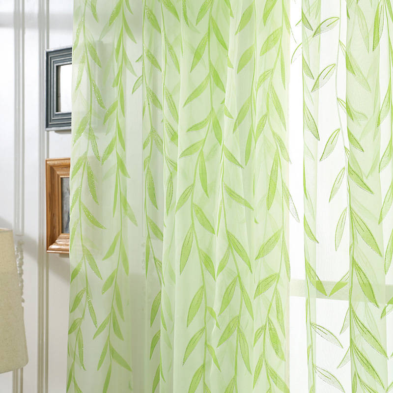 2 Panels Leaves Embroidered Sheer Rod Pocket Drapes For Living Room-Green