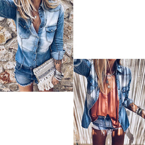 Womens Denim Shirt Distressed Long Sleeve Retro Tunic Tops