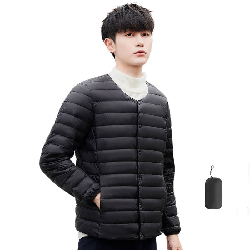 Mens Down Jacket Packable Lightweight Two Wear Waterproof Coat-Black