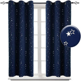 2 Panels Kids Blackout Curtains with Silver Star Print for Bedroom Living Room-Navyblue