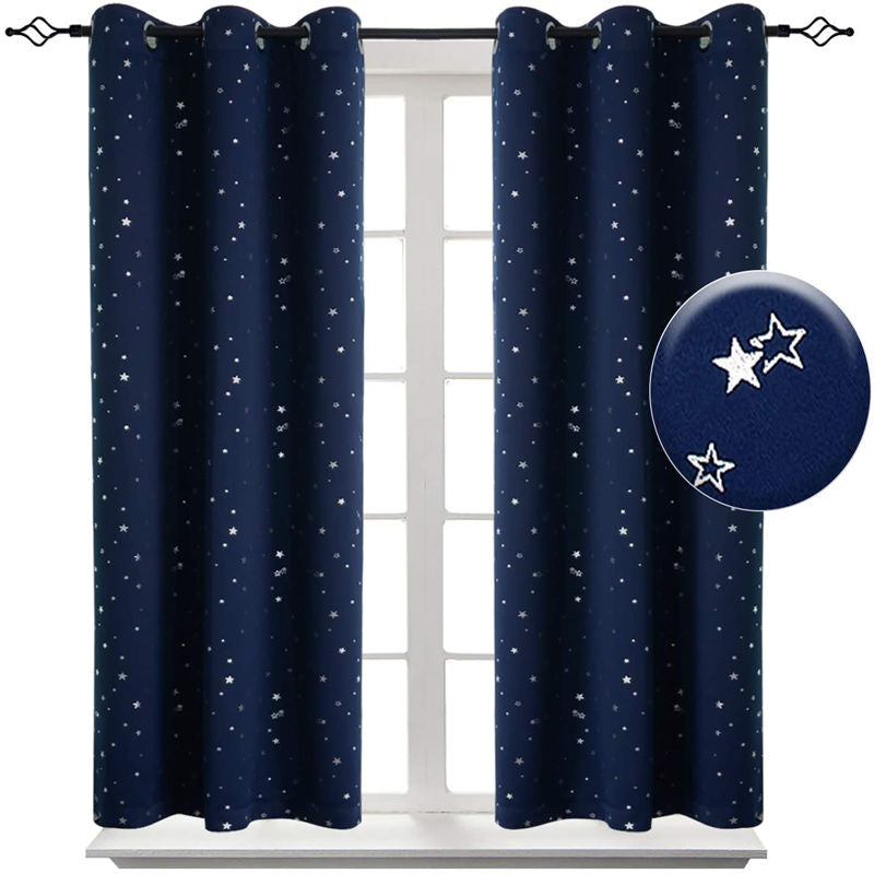 2 Panels Kids Blackout Curtains with Silver Star Print for Bedroom Living Room-Navyblue