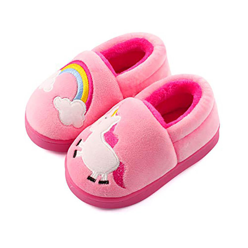 Boys Girls Warm Slippers Cartoon Kids Winter Indoor Household Shoes-Pink